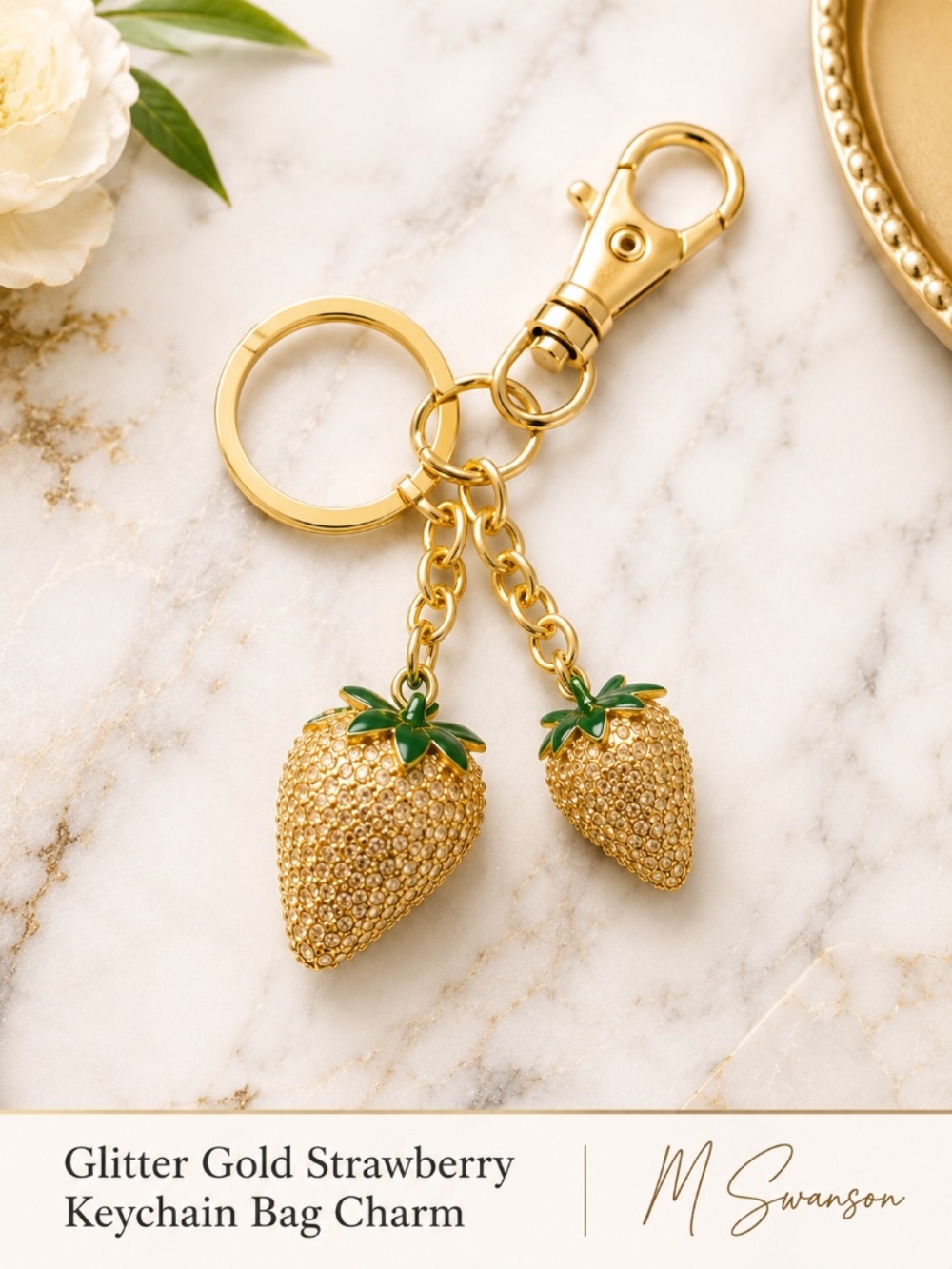 Strawberry Charm Keychain Gold and Green